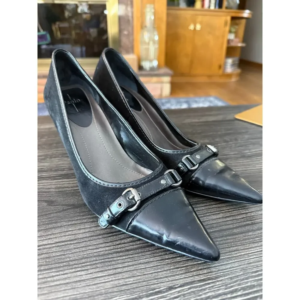 Linea Paola Y2K Suede and Patent Mini Leather Buckle Stiletto Heels Sz. 9